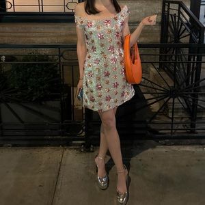 Markarian Paloma Sequin Floral Off The Shoulder Mini Dress | Pink Orange Silver